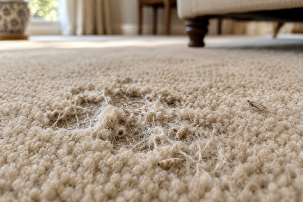 Carpet moth damage in a wool carpet